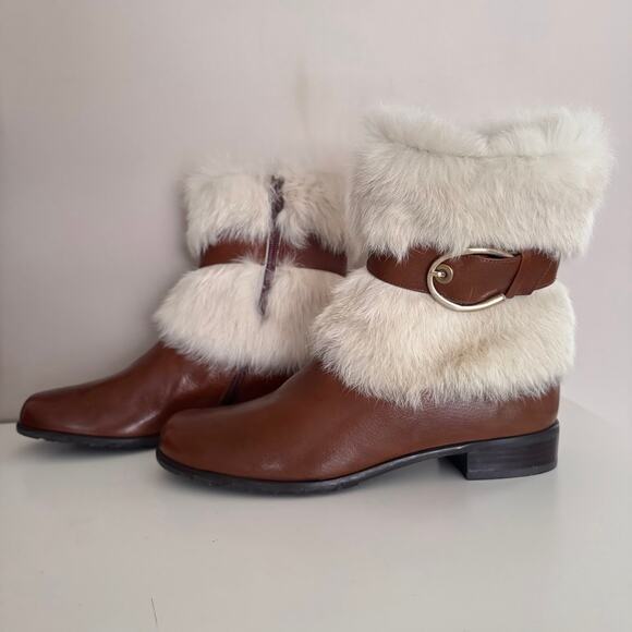 Stuart Weitzman Brown Leather Fur Cuff Lined Buckle Boots 7.5 - Picture 1 of 12